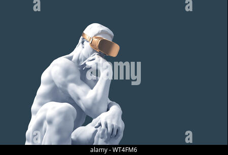 Penseur Sculpture avec lunettes VR d'or sur fond bleu. 3D Illustration. Banque D'Images