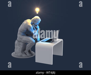 Penseur Sculpture avec ordinateur portable et incandescent ampoule au-dessus de sa tête comme symbole de l'idée nouvelle. Fond bleu. 3D Illustration. Banque D'Images