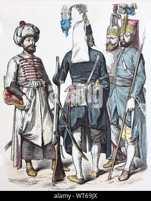 Costume national, des vêtements, de l'histoire des costumes, les militaires turcs, Janitscharen Osmanischen, empire, crack regiment de l'armée, 14e siècle. Janissaires, unités d'infanterie d'élite qui a formé le Sultan ottoman a des soldats, des gardes du corps et la crête du mouleur armée permanente en Europe, Volkstracht, Kleidung, Geschichte der Kostüme, türkisches Militär, Osmanischen Reich, Elitetruppe der Armee, 14. Jahrhundert. Janissaires, unités d'infanterie d'élite qui a formé le Sultan ottoman a des soldats, des gardes du corps et la première armée permanente moderne en Europe Banque D'Images