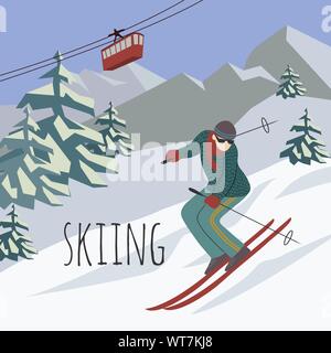 Man riding sports hiver ski sur une pente de neige sur la station de ski de fond en montagne et de ski. Télévision vecteur illustration. Design pour les cartes à main levée Illustration de Vecteur