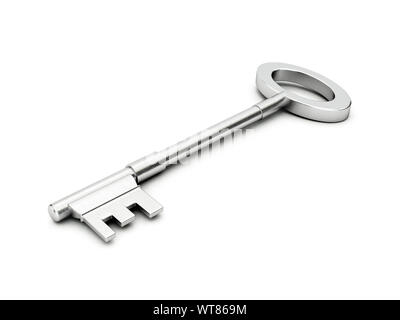 Clé de porte de maison de style ancien argenté sur un fond blanc Banque D'Images