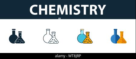 L'icône de la chimie de l'ensemble. Quatre éléments dans des styles différents de l'école collection d'icônes. La chimie créatrice rempli d'icônes de couleur, contours, symboles et télévision Illustration de Vecteur