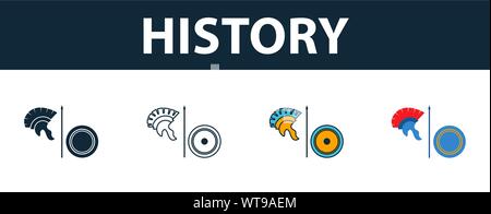 L'icône de l'histoire ensemble. Quatre éléments dans des styles différents de l'école collection d'icônes. Histoire créative, remplie d'icônes et de couleur, contours symboles télévision Illustration de Vecteur