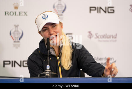 Auchterarder, Ecosse, Royaume-Uni. Le 11 septembre 2019. Les joueurs de l'équipe de conférences de presse à Gleneagles. L'équipe ; l'Europe Charley Hull. Iain Masterton/Alamy Live News Banque D'Images