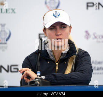 Auchterarder, Ecosse, Royaume-Uni. Le 11 septembre 2019. Les joueurs de l'équipe de conférences de presse à Gleneagles. L'équipe ; l'Europe Charley Hull. Iain Masterton/Alamy Live News Banque D'Images