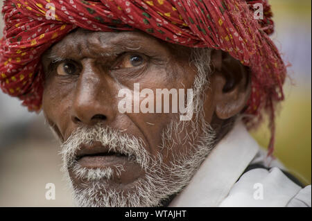 L'homme à l'écart du Rajasthan portant un turban rouge Banque D'Images