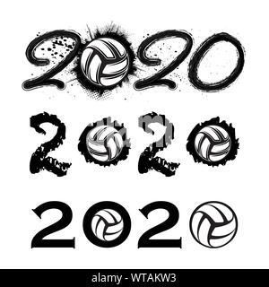 Trois numéros 2020 noir grunge avec contours symboles volley-ball Illustration de Vecteur