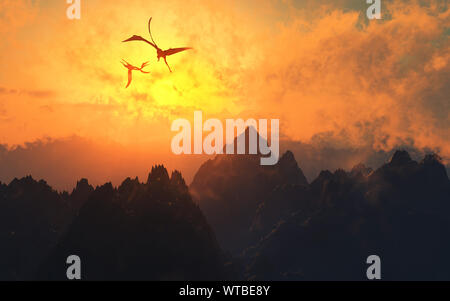 Quetzalcogtlus volant au-dessus d'une chaîne de montagnes. Banque D'Images