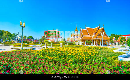 Les belles fleurs de petit pavillon royal parc Mahajetsadabadin avec Wat Ratchanatdaram sur l'arrière-plan, Bangkok, Thaïlande Banque D'Images