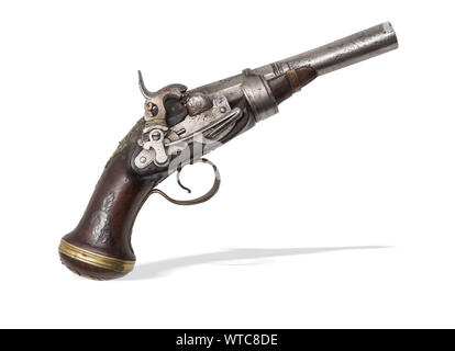 Pistolet à percussion du 19e siècle. Une conversion à partir de la 18e siècle pistolet à silex. Stock en bois décoré d'argent et incrustations en laiton. Banque D'Images