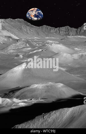 Paysage lunaire avec la terre à l'Horizon (créé numériquement) Banque D'Images