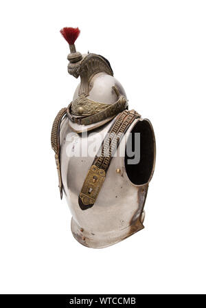 L'agent de ligne Français 1874 cuirassier cuirasse et casque. Cuirasse en laiton corps en acier avec paire de lions, sangles et rivets. Casque d'acier ca 1900, wi Banque D'Images