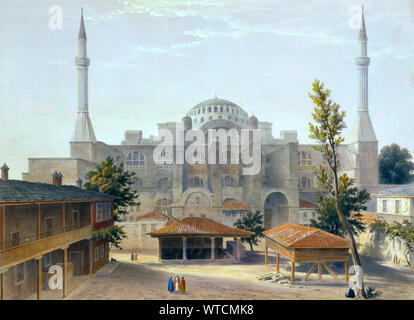 Cour Madrasah et l'extérieur d'Ayasofya Mosquée, anciennement l'église de Sainte-Sophie, le grec ancien fontaines d'ablution en premier plan ; avec grou Banque D'Images