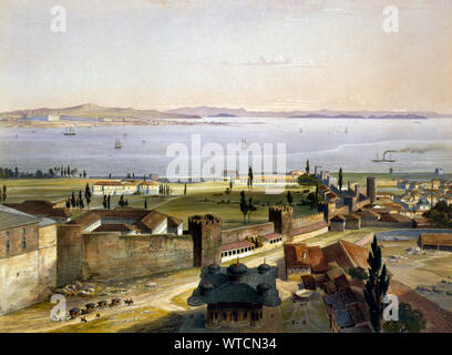 Panorama d'Istanbul fait à partir d'un minaret d'Ayasofya Mosquée, anciennement l'église de Sainte-sophie, y compris la fontaine de Ahmed III (Ahmet) dans le f Banque D'Images