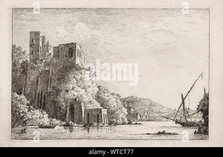 La gravure de la port de Civita Vecchia en Italie. Eaux-fortes (vues en Italie) par William Marlow (1740-1813). Banque D'Images