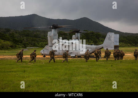 Marines avec Echo, l'entreprise Équipe de débarquement du bataillon, 2e Bataillon, 1er Marines, 31e Marine Expeditionary Unit, charger sur une MV-22B avion à rotors basculants Osprey après un raid à longue portée dans le domaine central de formation, Okinawa, Japon, 14 août 2019. Le 31e Escadron amphibie et MEU 11, à bord des navires du groupe amphibie Wasp, a mené une série d'opérations successives qui simule la force expéditionnaire de la marine à partir de la manœuvre interarmes de la rive, actifs amphibie marine utilisant les capacités du groupe de travail intégré dans tous les domaines de combat. (U.S. Marine Corps photo par Lance Cpl. Kenny Banque D'Images