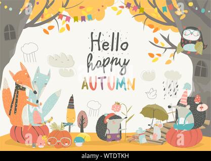 Animaux drôles automne dans la forêt de la réunion Illustration de Vecteur