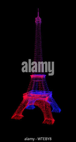 Illustration 3D incroyable et des feux lumineux caractérise Tour Eiffel Paris France Tour Eiffel avec des particules de couleurs du drapeau de la France et 8K fond noir Banque D'Images