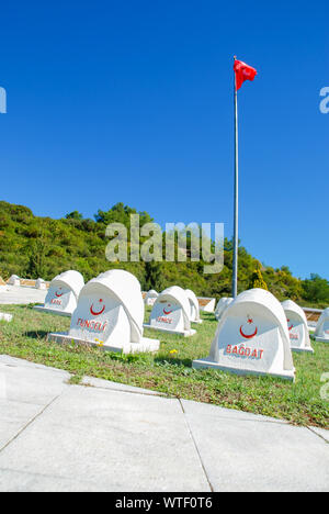 La PREMIÈRE GUERRE MONDIALE Le cimetière militaire Ottoman avec drapeau turc à Gallipoli, Canakkale, Turquie Banque D'Images