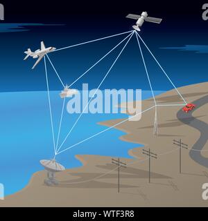 GPS par satellite de communication Réseau Scène avec Avion, du bateau, du sol, de l'antenne et en voiture, Vector Illustration Illustration de Vecteur