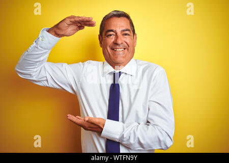 Beau moyen âge portrait sur fond jaune isolé gesticulant avec mains montrant grand et de grande taille, mesurer signe symbole. Smiling Banque D'Images