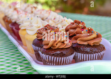 Cupcakes sur un plateau en verre sur une nappe à carreaux vert comme vu du dessus. Cupcakes multicolores avec velours rouge, vanille, chocolat et citron. Banque D'Images
