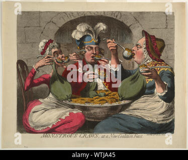 Craws monstrueux, à une nouvelle coalition fête caricature montre le Roi George, habillée comme une vieille femme, la Reine et le Prince de Galles assis autour d'un bassin perché sur les tours du Roi et de la Reine ; ils cuillère avidement le contenu, représentant des pièces d'or, dans leur bouche. Accroché à leur cou les sachets comme les goitres sont pleins, à l'exception de celui du Prince de Galles, dont l'est vide. La porte au conseil du trésor, à l'arrière-plan, est ouvert. Banque D'Images