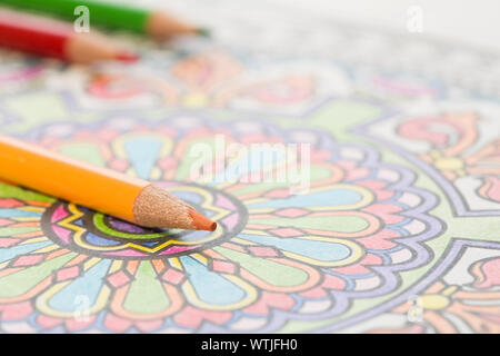 Crayons de couleur sur la page de coloriage Banque D'Images