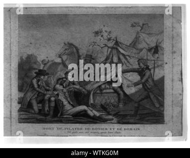 Mort de Pilatre de rosier [c.-à-d. Rozier] et de Romain ; impression montre la mort de ballonistes Jean-François Pilatre de Rozier et Jules Romain lorsque leur ballon Royal s'est écrasé près de Boulogne, France, le 15 juin 1785, dans ce qui est considérée comme la première catastrophe aérienne. ; Banque D'Images