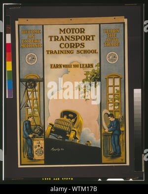 Motor Transport corps école de formation de l'armée américaine Motor Transport Corps recruter affiche montrant deux hommes travaillant dans un atelier de réparation automobile, camion montre aussi de l'armée en Transport Corps. Banque D'Images