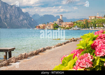 Malcesine - La promenade sur le Lago di Garda Lake avec la ville et le château en arrière-plan. Banque D'Images