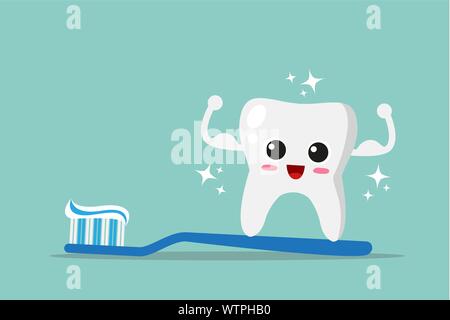 Mignon, fort et heureux dent avec brosse à dents et dentifrice. Vector illustration. Illustration de Vecteur