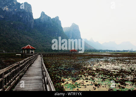 Zone humide à Khao Sam Roi Yot National Park , pont de bois et pavillon avec la montagne calcaire, le chemin sur la lagune, Thaïlande Banque D'Images