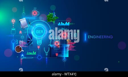 Idée de génie concept. Le développement d'appareils électroniques. Création de la technologie et de design industriel de l'échantillon. Technicien ingénieur invente, conçoit Illustration de Vecteur