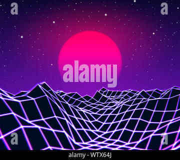 Grille néon violet et paysage avec de vieux soleil 80s style jeu d'arcade rétro Nouveau Parti de l'onde pour poster ou 80s revival music couverture de l'album Banque D'Images