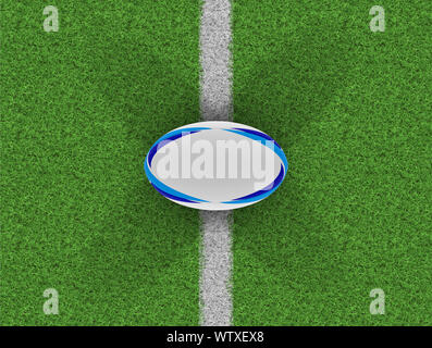 Une vue de dessus d'une texture blanche ballon de rugby avec blue design elements sur un terrain d'herbe avec des marques - 3D render Banque D'Images