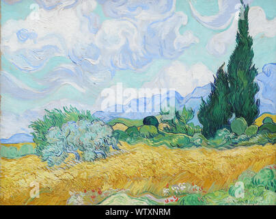 Le champ de blé avec des cyprès par le peintre post-impressionniste néerlandais Vincent van Gogh à la National Gallery, Londres, Royaume-Uni Banque D'Images