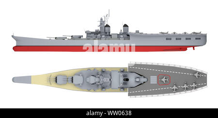 Côté porte-avions et Vue de dessus isolé sur blanc. Le rendu 3D Banque D'Images