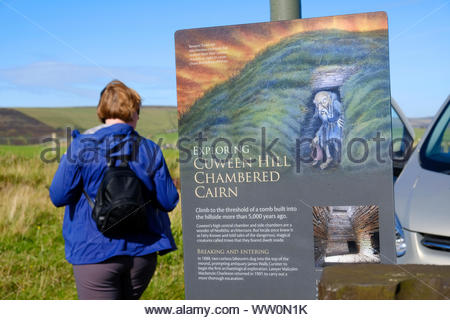 Visiteurs à Cuween Hill, un chambré néolithique des Orcades, Ecosse Cairn Banque D'Images