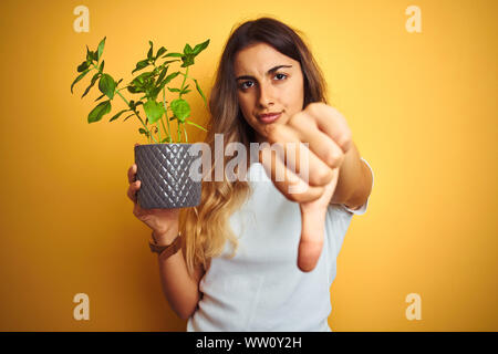 Young Beautiful woman holding pot de basilic sur jaune fond isolé, visage en colère avec signe négatif montrant non avec vers le bas, le rejet de la con Banque D'Images