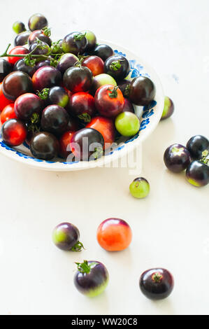 Cerise tomates brunâtre dans une assiette sur un fond blanc. Vue de dessus. Banque D'Images