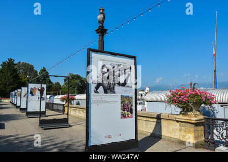 Genève, SUISSE - Le 29 août 2019. Au sujet du travail d'exposition en plein air sur les rives du lac Léman, Genève, Suisse le port Banque D'Images