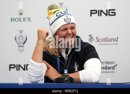 L'Europe de l'équipe Caroline Hedwall lors d'une conférence de presse le jour de l'aperçu quatre Solheim Cup 2019 à Gleneagles Golf Club, à Auchterarder. Banque D'Images