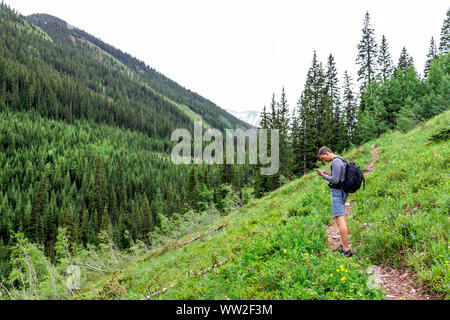 L'homme sur le sentier de randonnée sur Conundrum à Aspen, Colorado en 2019 à l'été à la mode au téléphone par meadow valley et de pins Banque D'Images