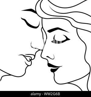 Résumé couple heureux dans l'instant avant de baiser, isolé sur fond blanc, dessin à la main contour vectoriel Illustration de Vecteur