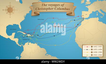 Les voyages de Christophe Colomb. Carte avec les itinéraires balisés des 4 voyages de Colomb sur un fond bleu orné d'un compas. Image vectorielle Illustration de Vecteur