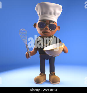 Le rappeur hiphop noir affamé le mélange d'un gâteau dans un bol tout en portant des chefs hat, illustration 3D render Banque D'Images