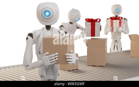 La logistique des cadeaux de Noël cadeaux pack prêt à l'expédition avec des robots autonomes 3d-illustration Banque D'Images