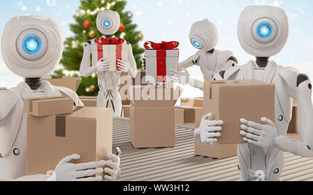 La logistique des cadeaux de Noël cadeaux pack prêt à l'expédition avec des robots autonomes 3d-illustration Banque D'Images