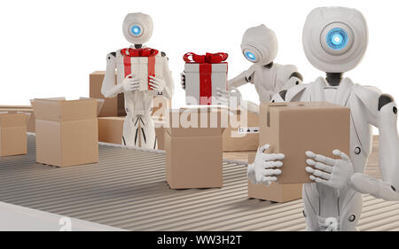 La logistique des cadeaux de Noël cadeaux pack prêt à l'expédition avec des robots autonomes 3d-illustration Banque D'Images